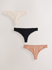 Black/Caramel Nude/Praline Nude Thong Cotton Rib Knickers 3 Pack - Image 1 of 6