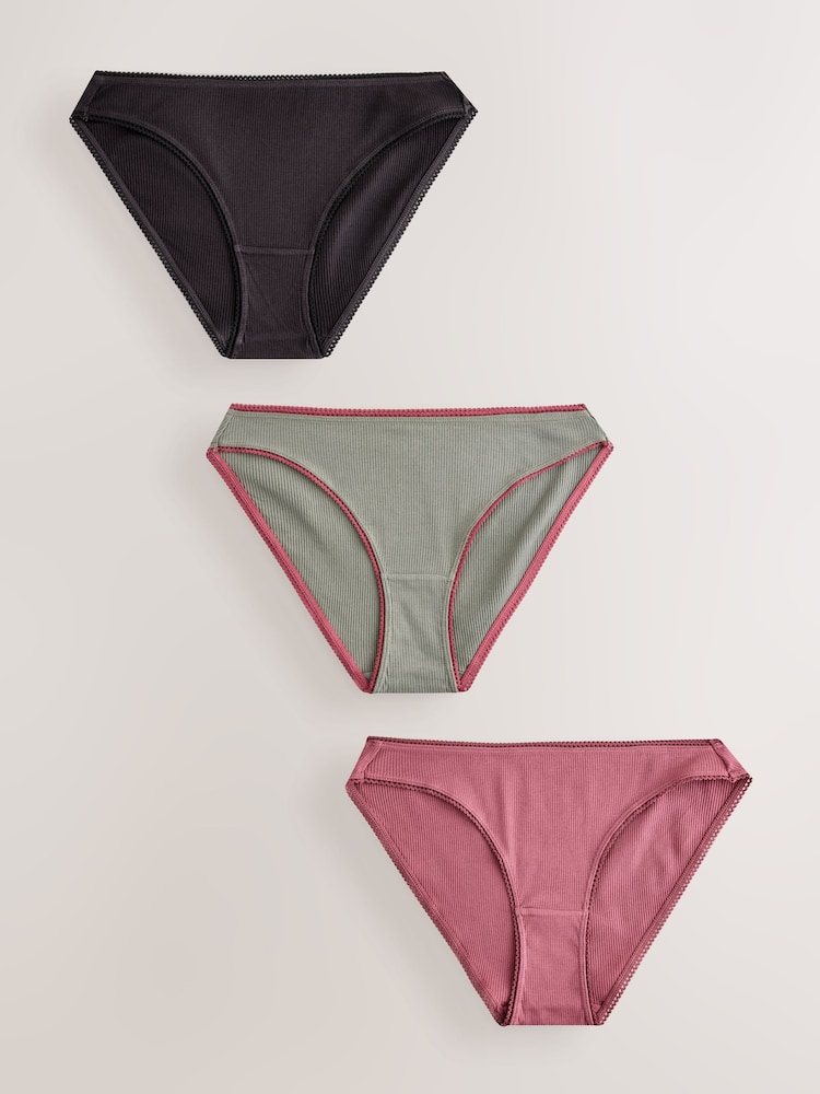 Black/Rose/Olive High Rise High Leg Cotton Rib Knickers 3 Pack - Image 1 of 6 Black/Rose/Olive High Rise High Leg Cotton Rib Knickers 3 Pack - Image 1 of 6