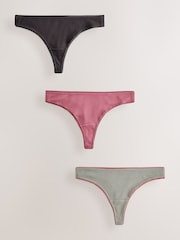 Black/Rose/Olive Thong Cotton Rib Knickers 3 Pack - Image 1 of 6