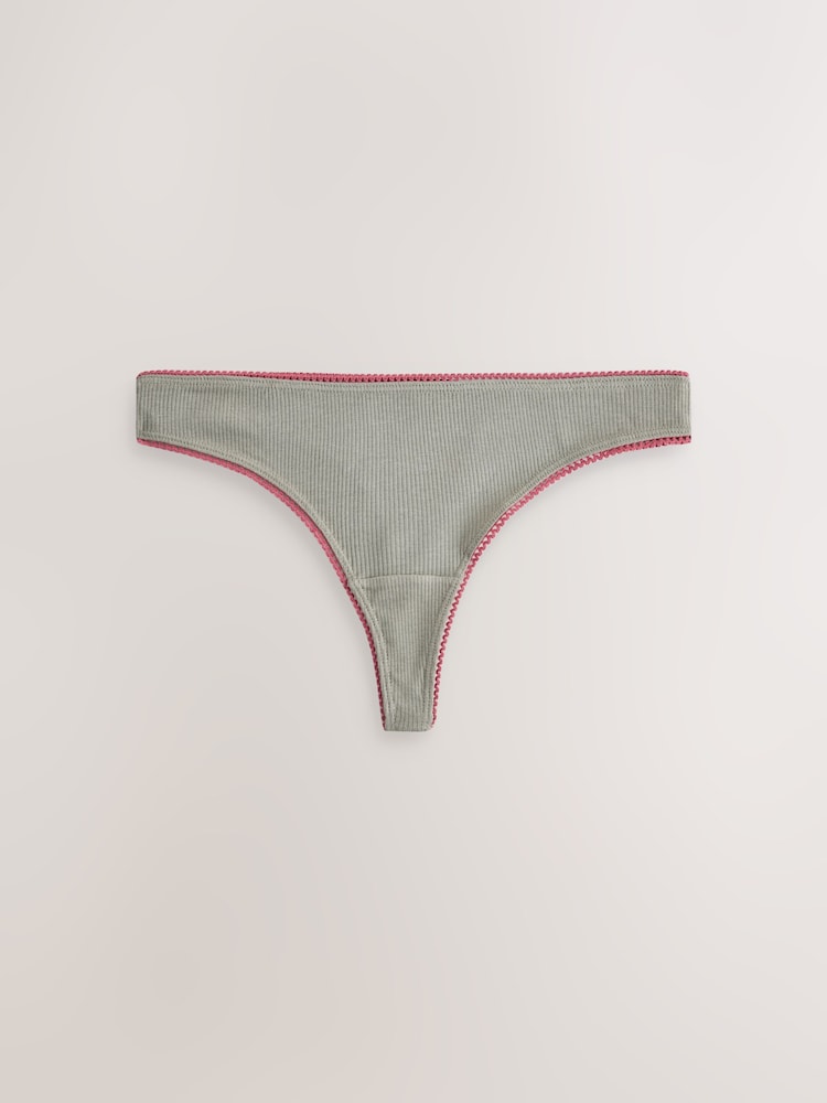 Black/Rose/Olive Thong Cotton Rib Knickers 3 Pack - Image 2 of 6