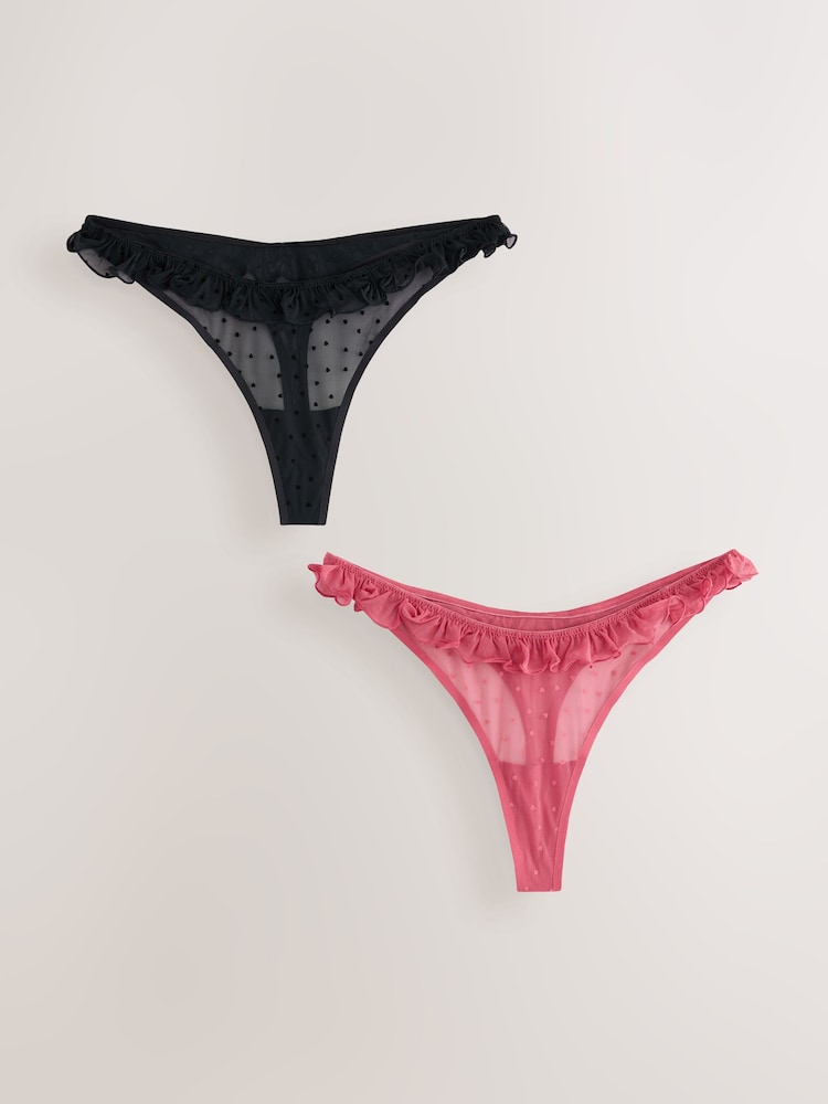 Red / Black Thong Heart Mesh Flocked Knickers 2 Pack - Image 1 of 5