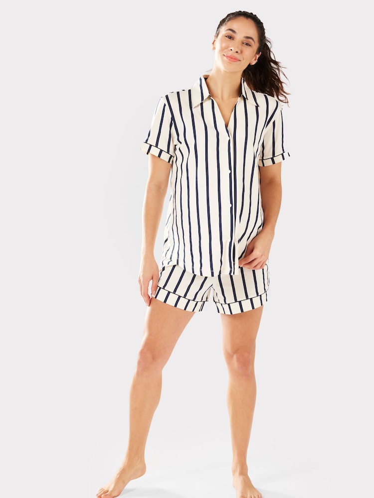 Chelsea Peers Blue Maternity 100% Organic Cotton Navy And Cream Stripe Print Short Pyjamas Set - Image 1 of 5