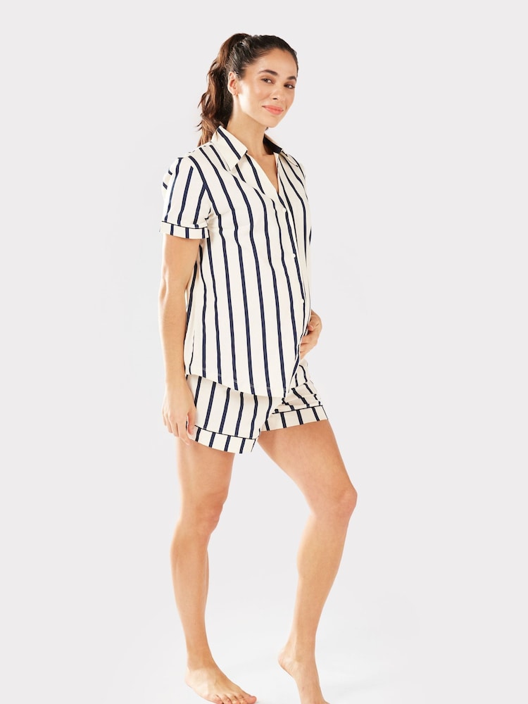 Chelsea Peers Blue Maternity 100% Organic Cotton Navy And Cream Stripe Print Short Pyjamas Set - Image 2 of 5