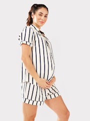 Chelsea Peers Blue Maternity 100% Organic Cotton Navy And Cream Stripe Print Short Pyjamas Set - Image 5 of 5