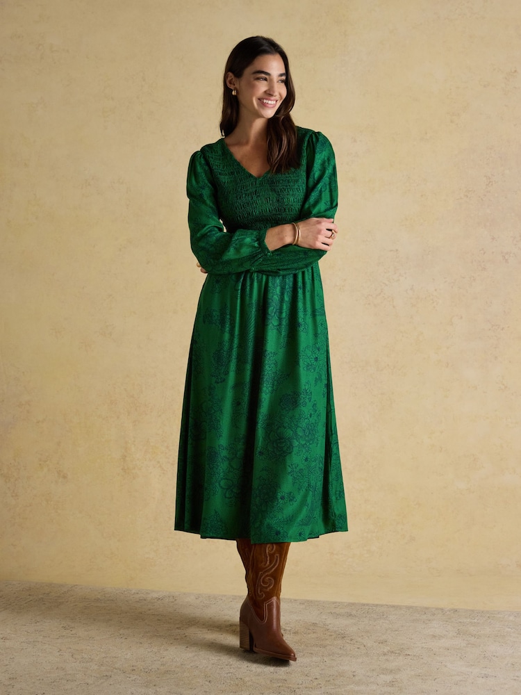 Joules Lilliana Green Shirred Dress - Image 1 of 7