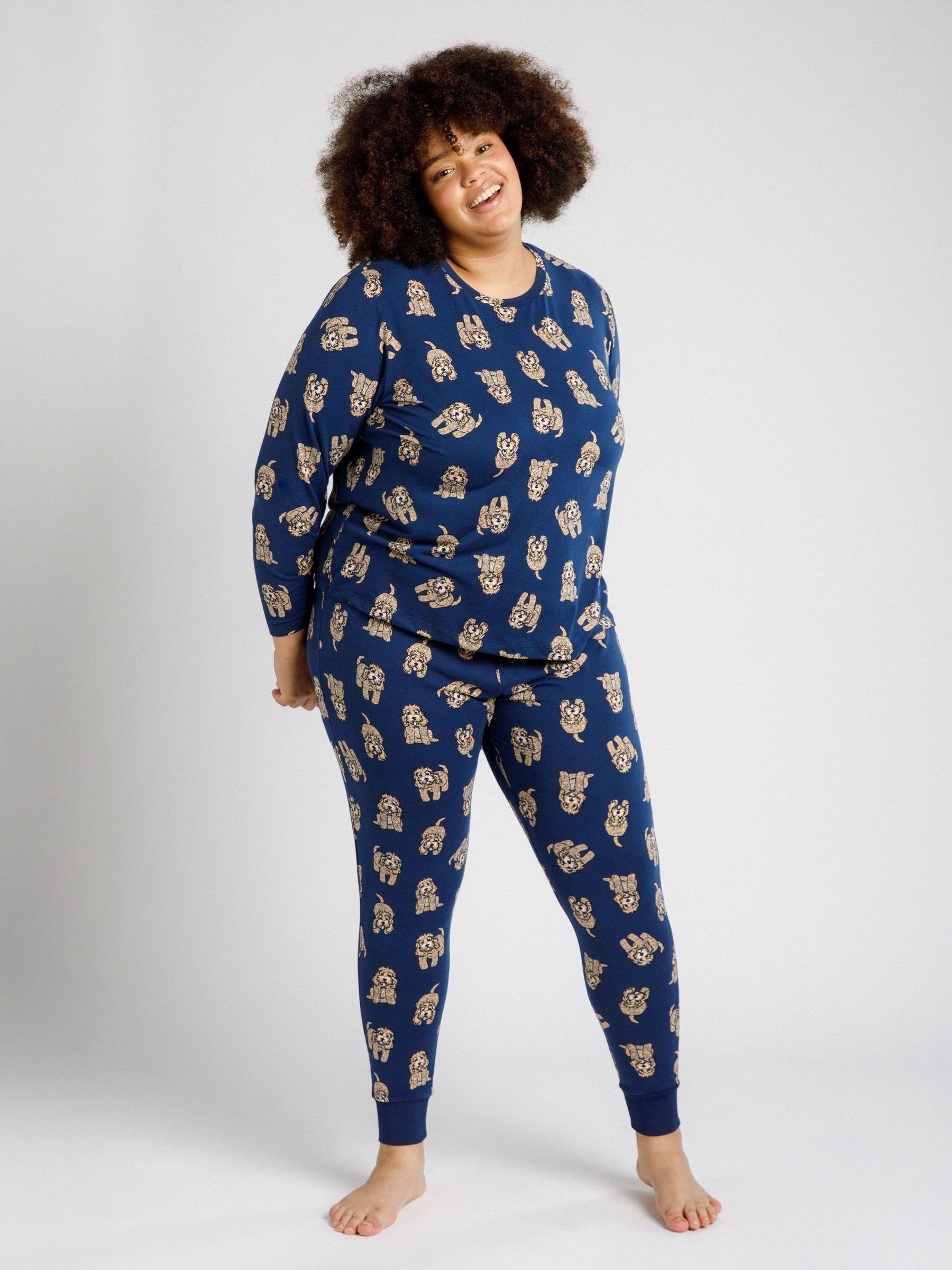 Buy Chelsea Peers Blue Curve Cockapoo Print Crewneck Long Pyjama Set ...