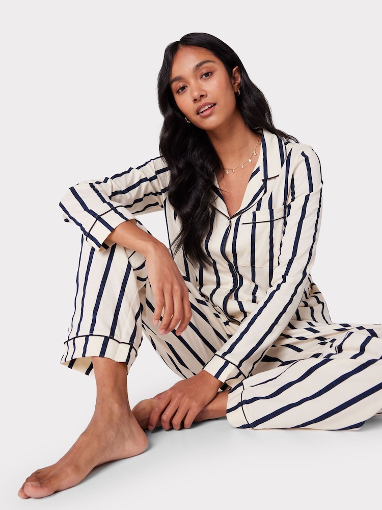 Chelsea Peers White/Blue 100% Cotton Stripe Long Pyjamas Set - Image 2 of 5