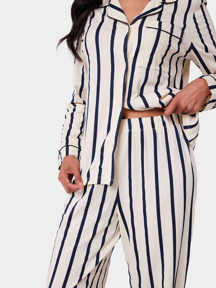 Chelsea Peers White/Blue 100% Cotton Stripe Long Pyjamas Set - Image 5 of 5