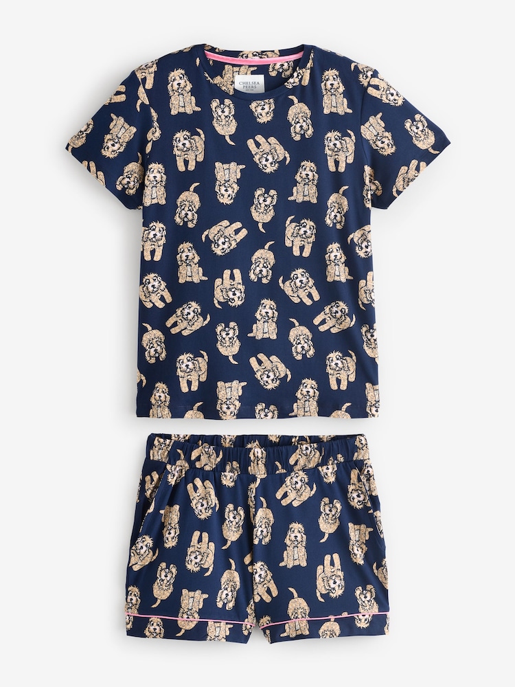 Chelsea Peers Blue Short Pyjamas Cockapoo Print Crewneck Long Pyjama Set - Image 1 of 3