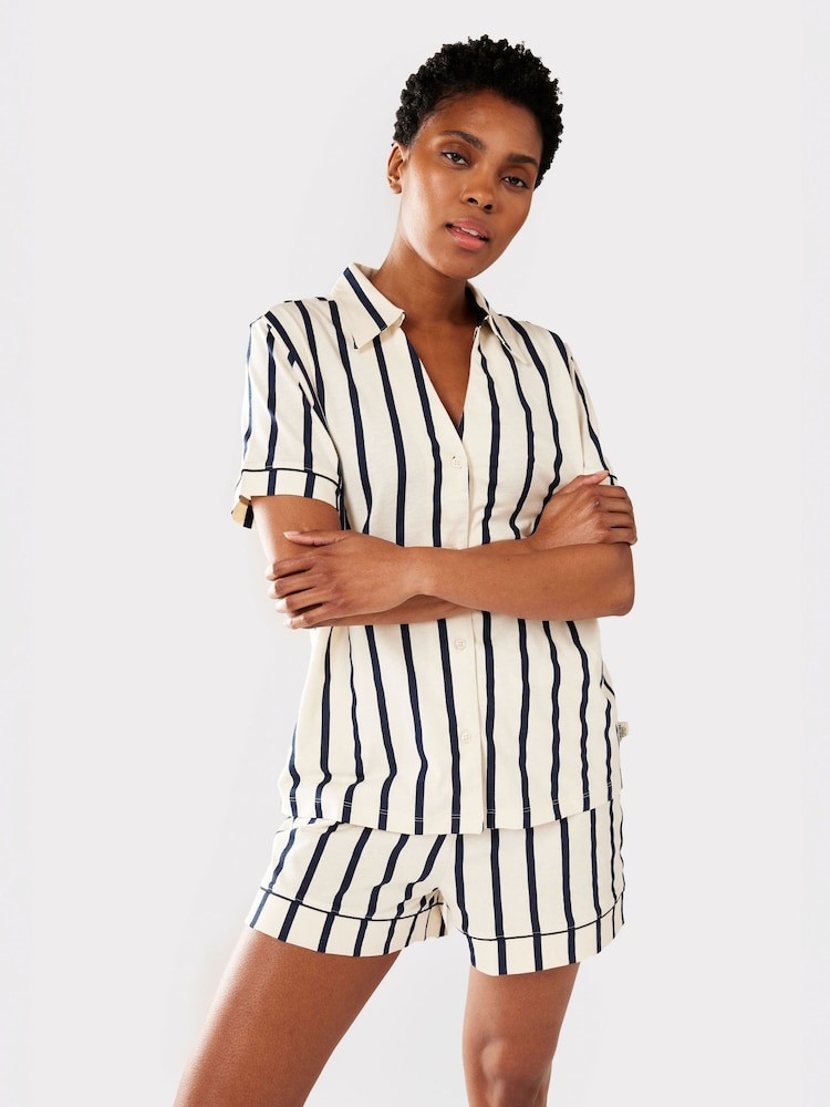 Chelsea Peers Blue 100% Cotton Stripe Short Pyjamas Set - Image 1 of 5 Chelsea Peers Blue 100% Cotton Stripe Short Pyjamas Set - Image 1 of 5