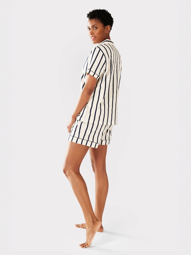 Chelsea Peers Blue 100% Cotton Stripe Short Pyjamas Set - Image 5 of 5 Chelsea Peers Blue 100% Cotton Stripe Short Pyjamas Set - Image 5 of 5