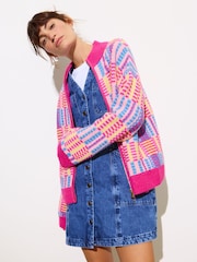Oliver Bonas Pink Geometric Funnel Neck Knitted Jacket - Image 1 of 8