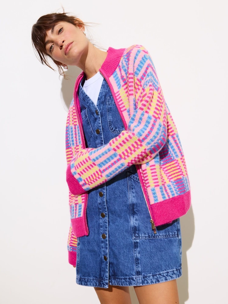 Oliver Bonas Pink Geometric Funnel Neck Knitted Jacket - Image 1 of 8