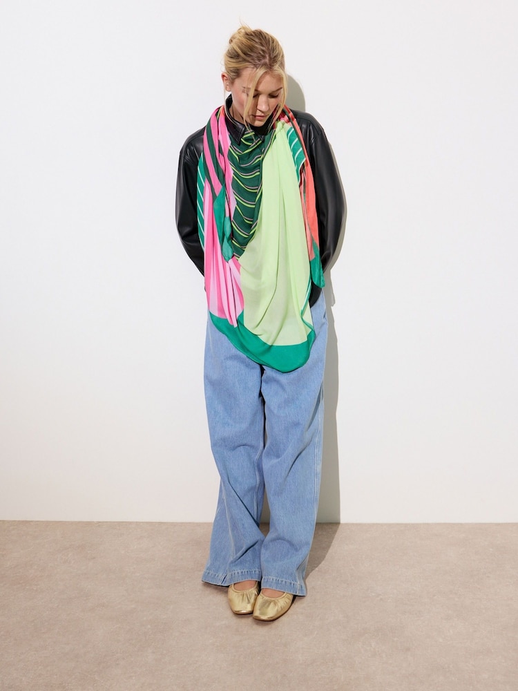 Oliver Bonas Natural Green And Pink Abstract Striped Lightweight Scarf - Image 6 of 6