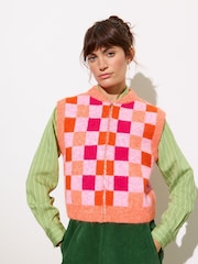 Oliver Bonas Orange Checked Zip Up Knitted Waistcoat - Image 1 of 7
