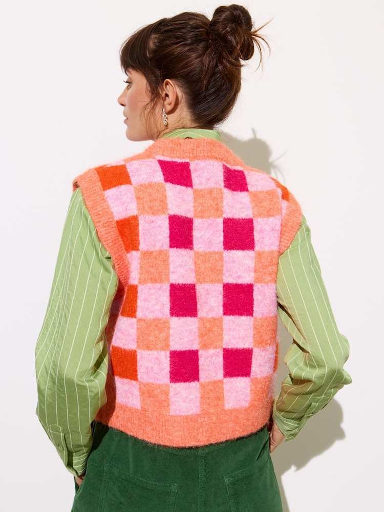 Oliver Bonas Orange Checked Zip Up Knitted Waistcoat - Image 2 of 7