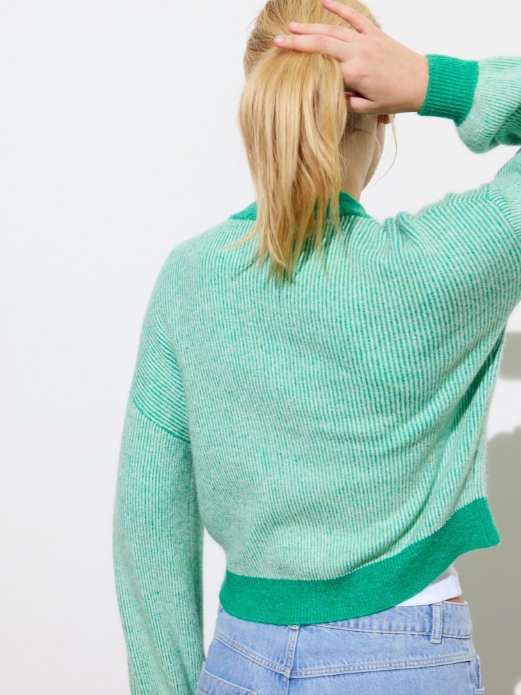 Oliver Bonas Green Ribbed Knitted Bomber Jacket - Image 2 of 8
