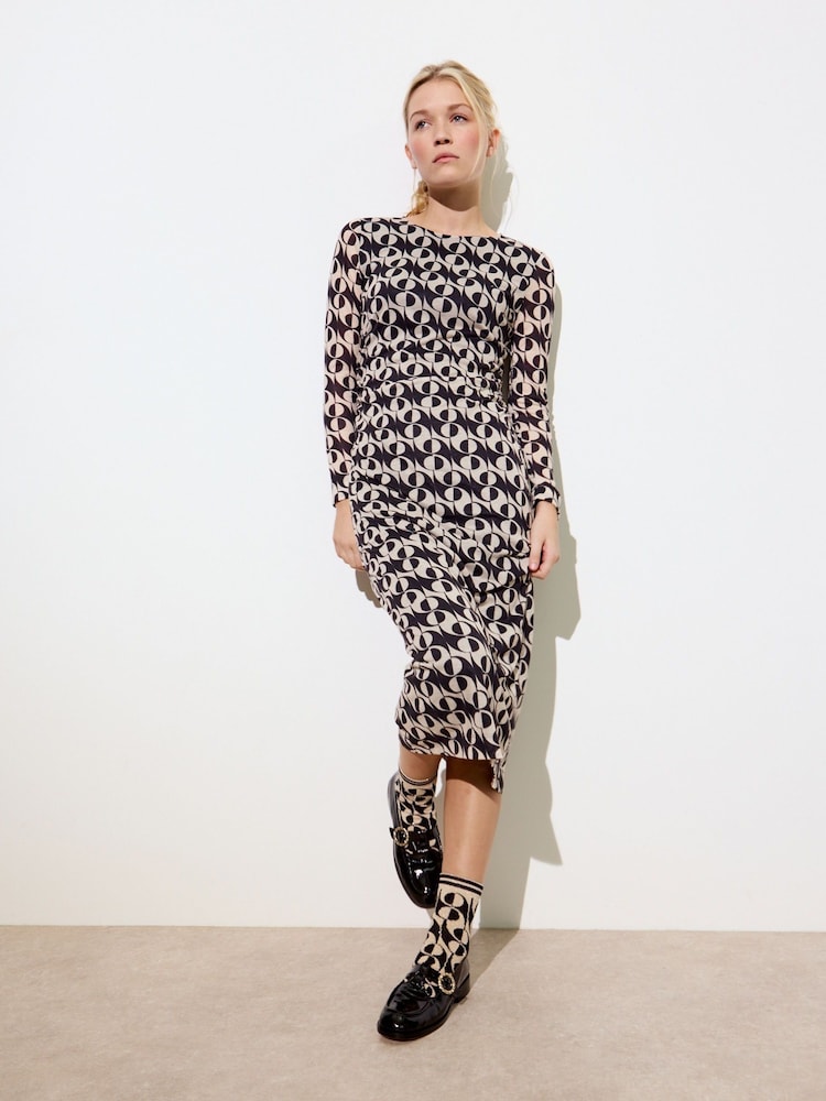 Oliver Bonas Black Floral Print Ruched Midi Dress - Image 1 of 8