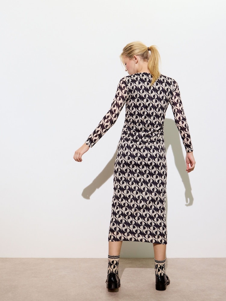 Oliver Bonas Black Floral Print Ruched Midi Dress - Image 2 of 8