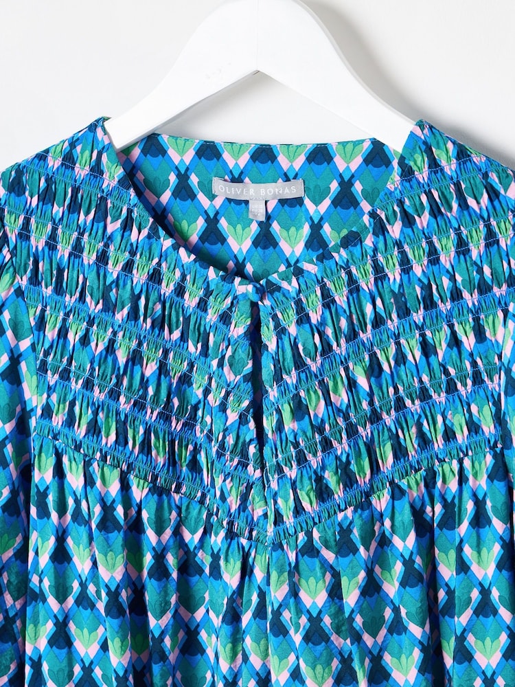 Oliver Bonas Blue Geometric Tiered Mini Dress - Image 8 of 8