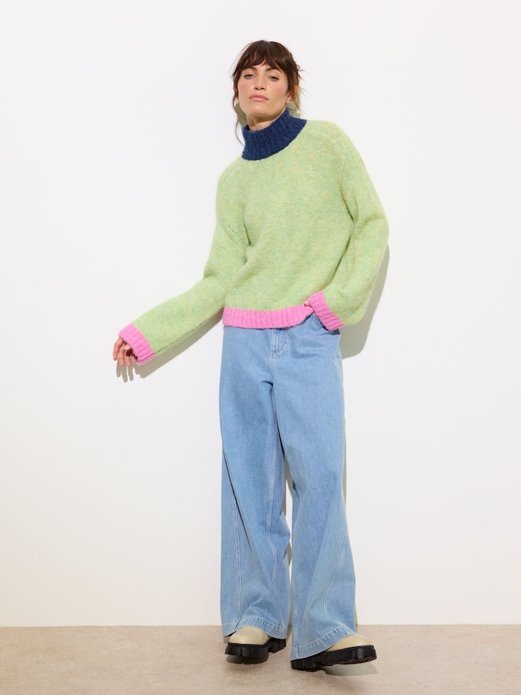 Oliver Bonas Green Colour Block Knitted Jumper - Image 1 of 8 Oliver Bonas Green Colour Block Knitted Jumper - Image 1 of 8