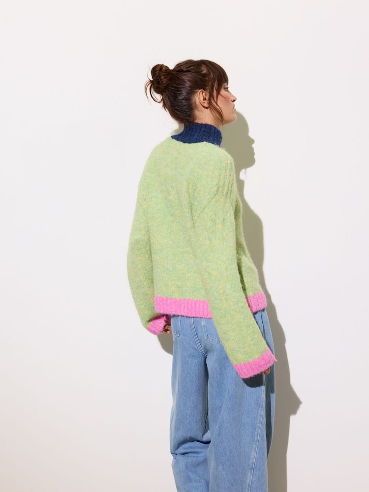 Oliver Bonas Green Colour Block Knitted Jumper - Image 2 of 8 Oliver Bonas Green Colour Block Knitted Jumper - Image 2 of 8