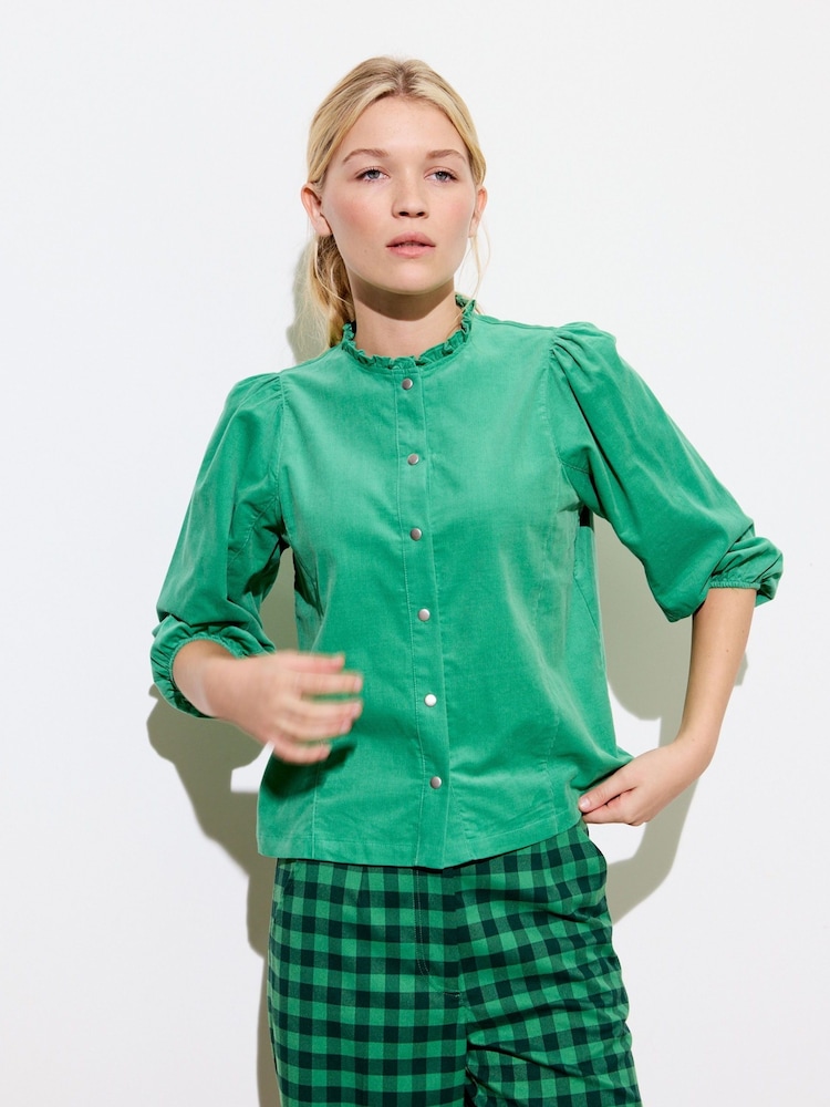 Oliver Bonas Green Corduroy Frill Neck 100% Cotton Shirt - Image 1 of 8 Oliver Bonas Green Corduroy Frill Neck 100% Cotton Shirt - Image 1 of 8