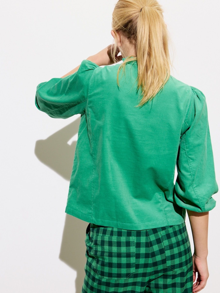 Oliver Bonas Green Corduroy Frill Neck 100% Cotton Shirt - Image 2 of 8 Oliver Bonas Green Corduroy Frill Neck 100% Cotton Shirt - Image 2 of 8