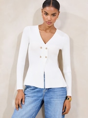 Lipsy Ivory Double Button Peplum Knit Cardigan - Image 1 of 4