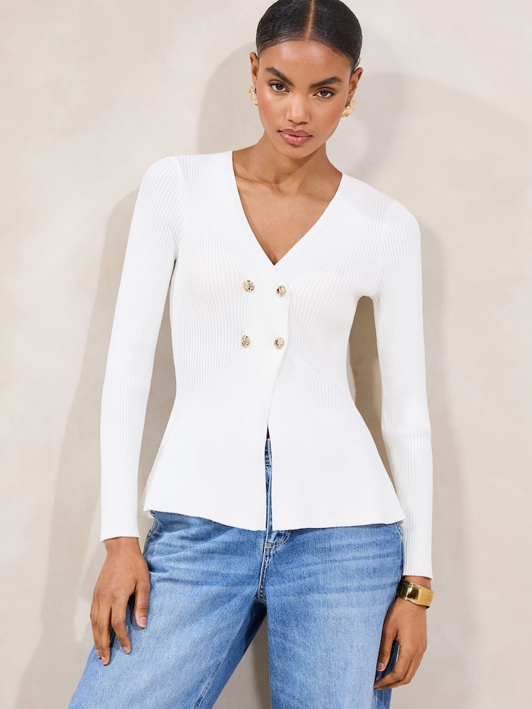 Lipsy Ivory Double Button Peplum Knit Cardigan - Image 1 of 4