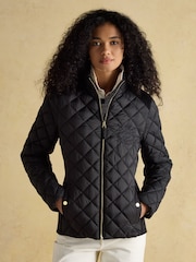 Joules Braemar Luxe Black Showerproof Diamond Quilted Coat - Image 1 of 9