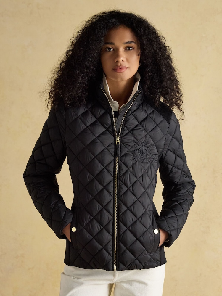 Joules Braemar Luxe Black Showerproof Diamond Quilted Coat - Image 1 of 9