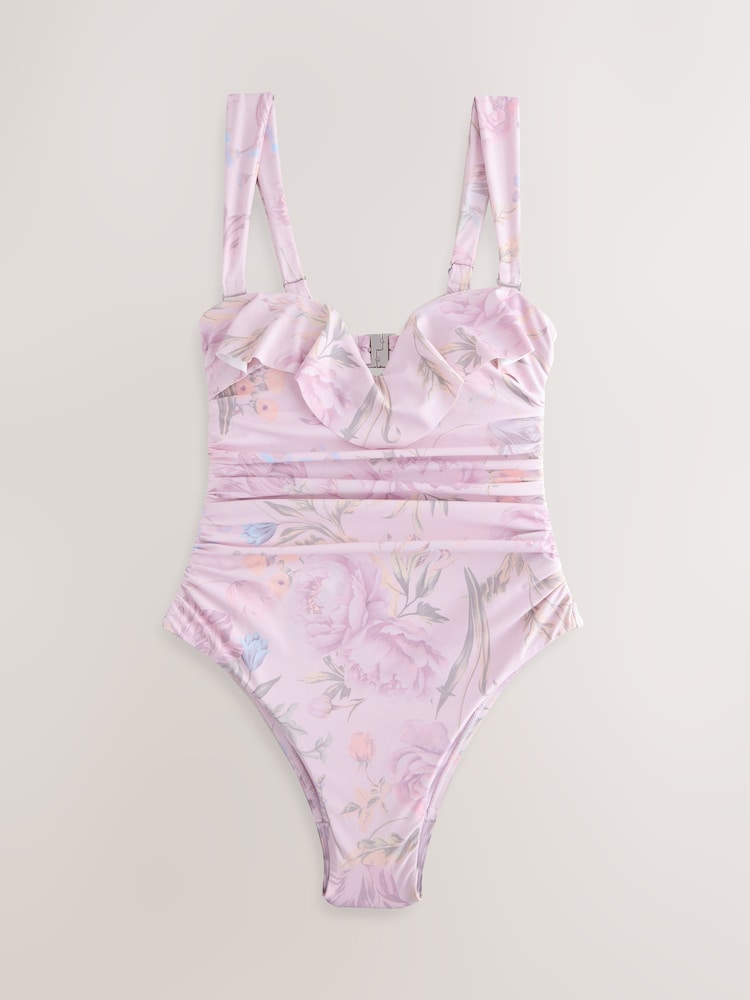 Lilac Purple Floral Frill Bandeau Tummy Control Swimsuit - Image 1 of 3