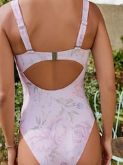Lilac Purple Floral Frill Bandeau Tummy Control Swimsuit - Image 6 of 9