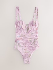 Lilac Purple Floral Frill Bandeau Tummy Control Swimsuit - Image 7 of 9