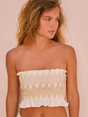 White/Tan Contrast Stitch Bandeau Bikini Top - Image 1 of 9