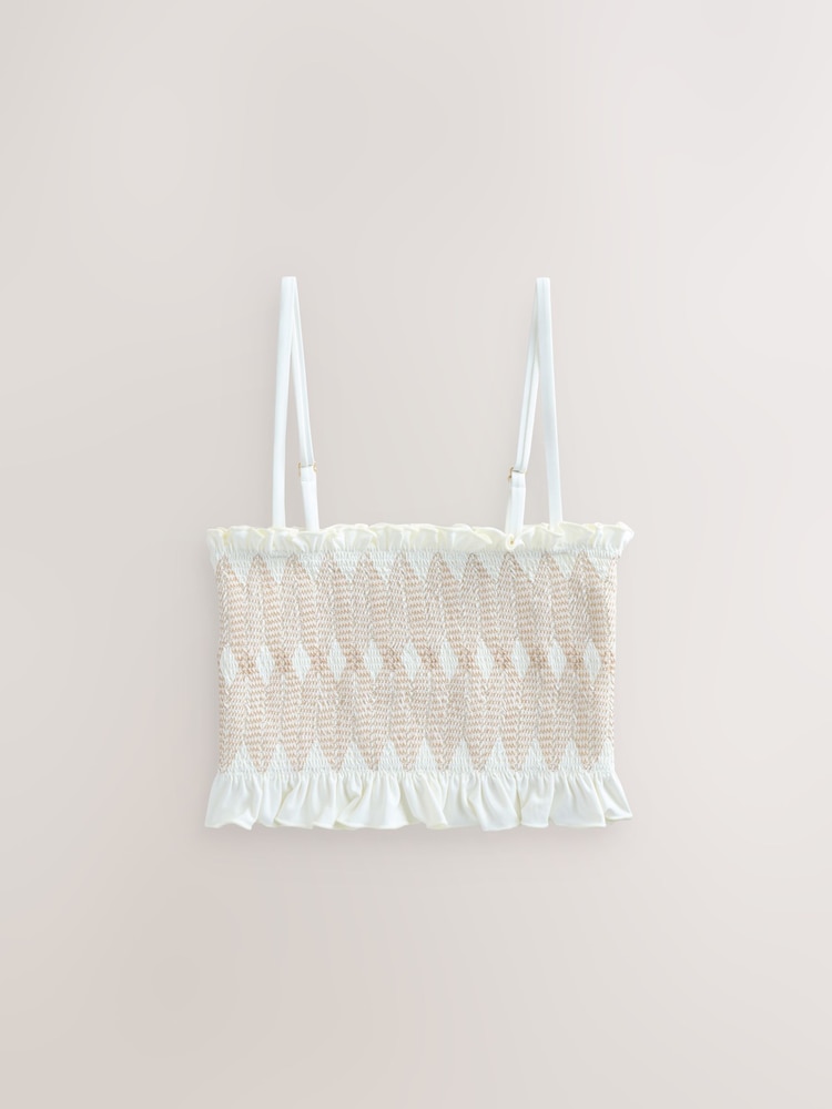 White/Tan Contrast Stitch Bandeau Bikini Top - Image 9 of 9