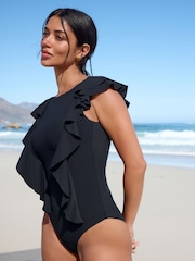 Preto - High Neck Frill Tummy Control Swimsuit - Imagem 2 de 8