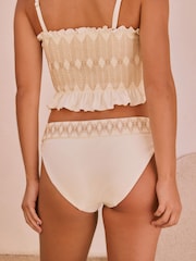 White/Tan Contrast Stitch Shirred High Leg Bikini Bottoms - Image 4 of 8