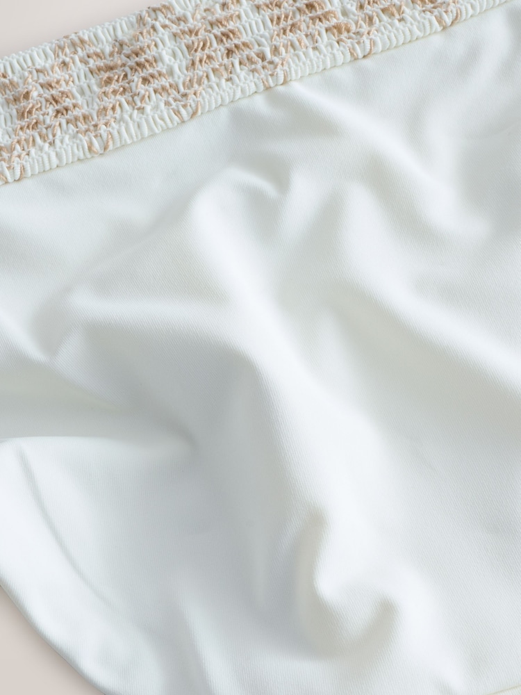 White/Tan Contrast Stitch Shirred High Leg Bikini Bottoms - Image 8 of 8
