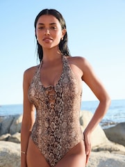 Brown Snake Plunge Ring Tummy Control Swimsuit - Image 1 of 10