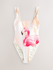 Cream/Pink Flamingo Placement Print Tummy Control Scoop Neck Swimsuit - Image 1 of 4