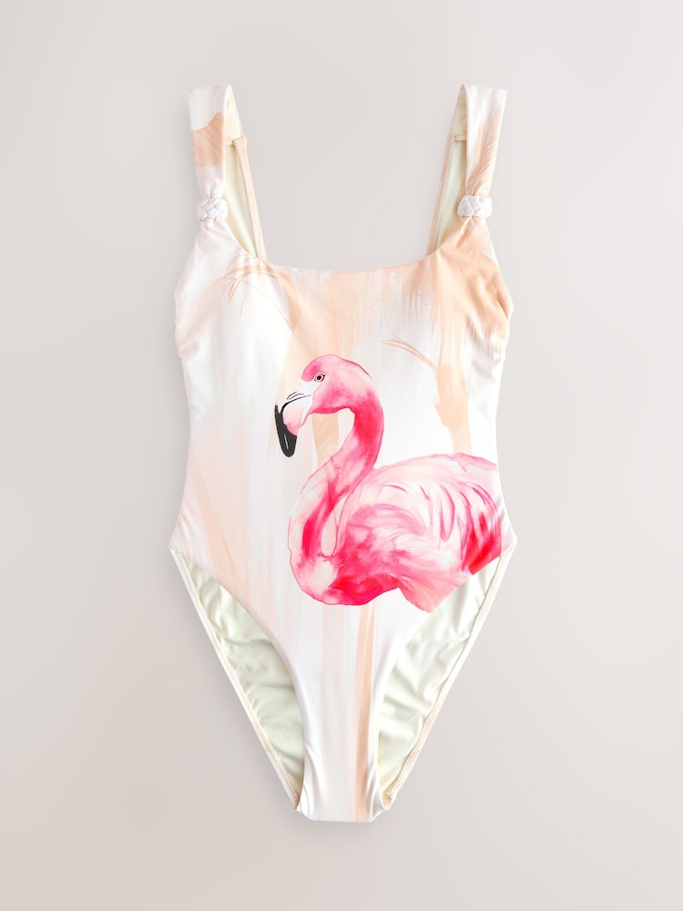 Cream/Pink Flamingo Placement Print Tummy Control Scoop Neck Swimsuit - Image 1 of 4