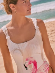 Estampa de posicionamento de flamingo creme/rosa - Maiô com decote redondo e controle de barriga - Imagem 5 de 10