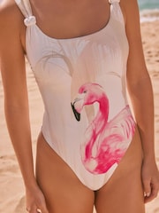 Estampa de posicionamento de flamingo creme/rosa - Maiô com decote redondo e controle de barriga - Imagem 6 de 10