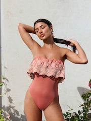 Rose Pink Bandeau Embriodered Frill Tummy Shaping Control Swimsuit - Image 1 of 10