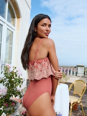 Rose Pink Bandeau Embriodered Frill Tummy Shaping Control Swimsuit - Image 3 of 10