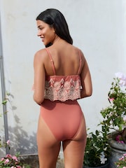 Rose Pink Bandeau Embriodered Frill Tummy Shaping Control Swimsuit - Image 4 of 10