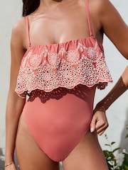 Rose Pink Bandeau Embriodered Frill Tummy Shaping Control Swimsuit - Image 5 of 10