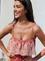 Rose Pink Bandeau Embriodered Frill Tummy Shaping Control Swimsuit - Image 6 of 10